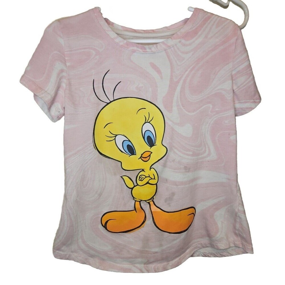Looney Tunes Tweety Bird T Shirt Pink Swirls Pattern Girls Size 7